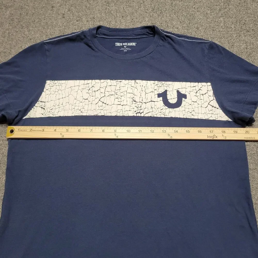 True Religion Shirt Mens Medium Blue White Distress Pull Panel Graphic Tee SS